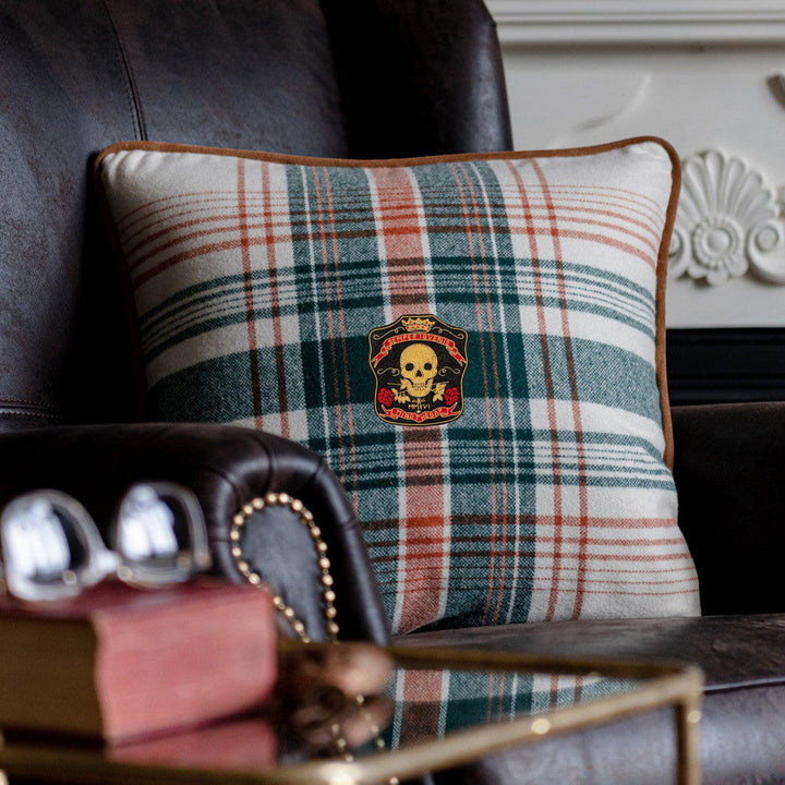 Monterey Plaid Wool Cushion by Mind the Gap Designer Pillow WOODSTOCK '69 LIFESTYLE COLLECTION 70% Wool, 30% other fibres Made in Romania Leather piped edge 20 x 20 in - Swanky Fabrics -