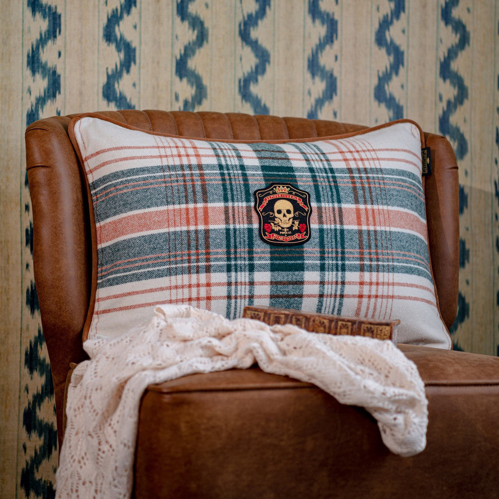 Mind The Gap Pillows MONTEREY PLAID Wool Cushion (LC40153) | LC40153 | WOODSTOCK '69 LIFESTYLE COLLECTION | 23,6 x 15,8 in | Green, Orange, Taupe, Yellow | Fabric Carolina | https://www.fabriccarolina.com/