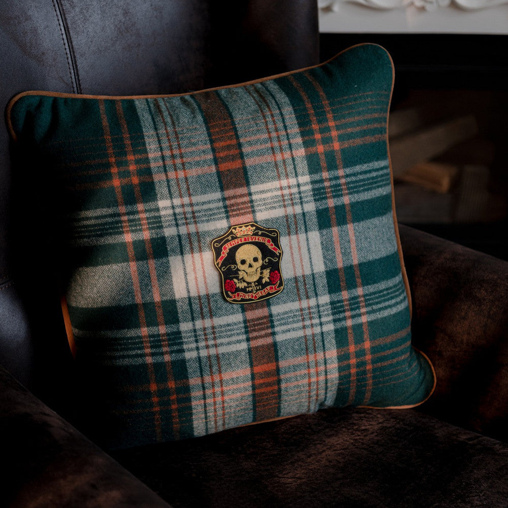 Mind The Gap Pillows MONTEREY PLAID Green Wool Cushion (LC40154) | LC40154 | WOODSTOCK '69 LIFESTYLE COLLECTION | 20 x 20 in | Green, Orange, Taupe, Yellow | Fabric Carolina | https://www.fabriccarolina.com/