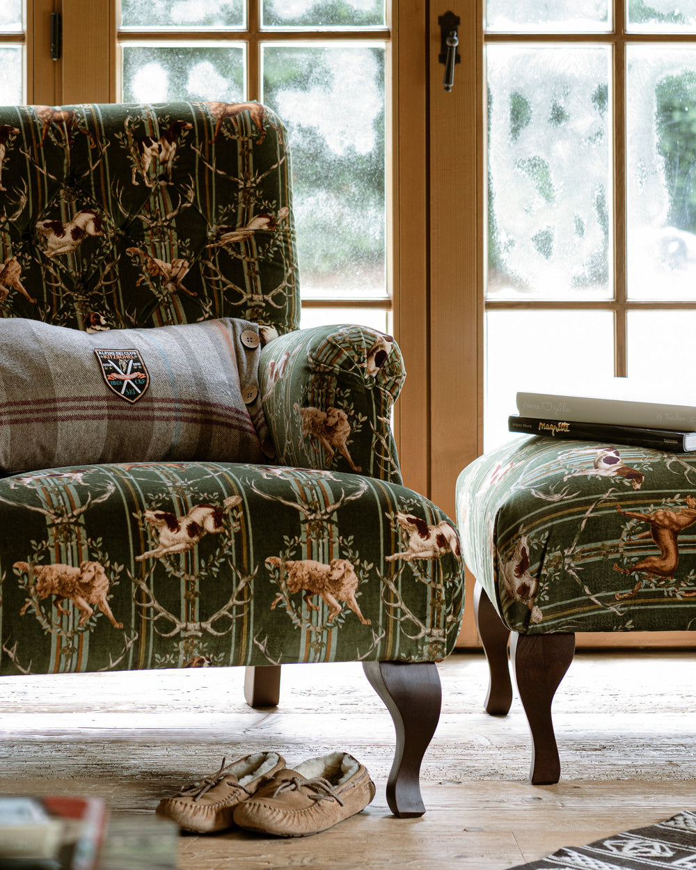 Mountain Dogs Cypress Green velvet fabric by Mind the Gap (FB00098), view 2