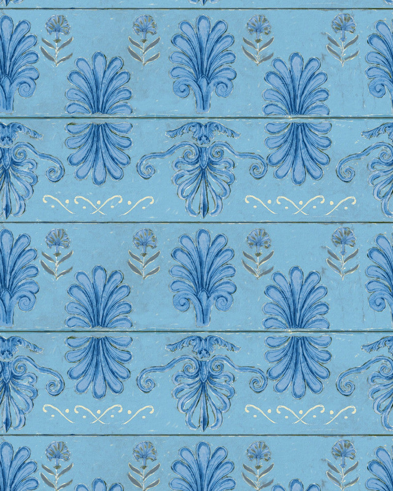 Mykonos Villa Motif Azure Wallpaper by Mind the Gap Designer Wallpaper SUNDANCE VILLA Satin Matte Made in Europe Paste the wall 1 roll x 20.5 x 10.9 yards - Swanky Fabrics -