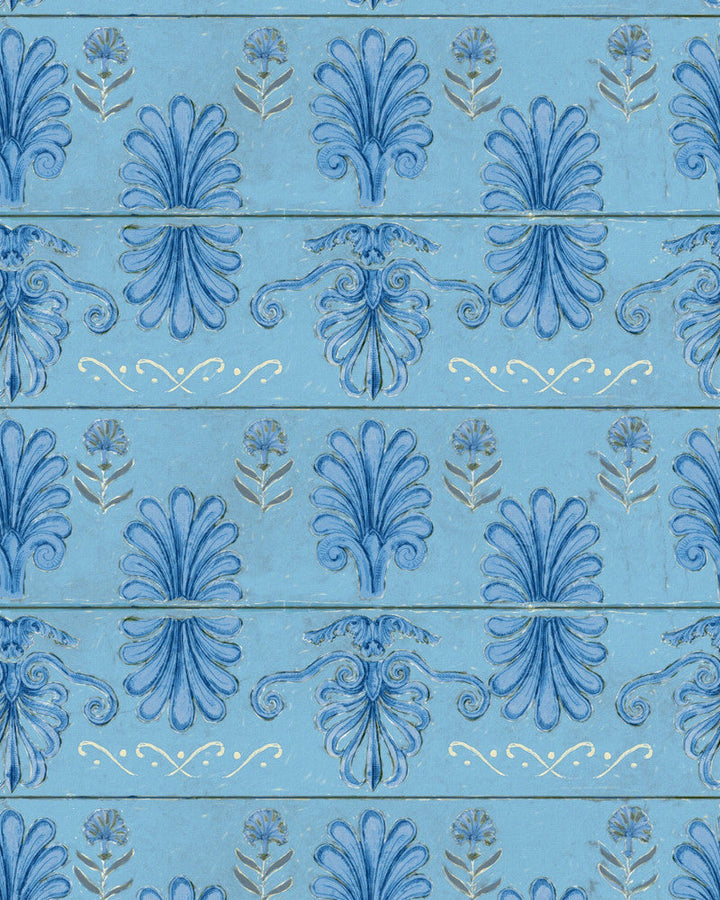 Mykonos Villa Motif Azure Wallpaper by Mind the Gap Designer Wallpaper SUNDANCE VILLA Satin Matte Made in Europe Paste the wall 1 roll x 20.5 x 10.9 yards - Swanky Fabrics -