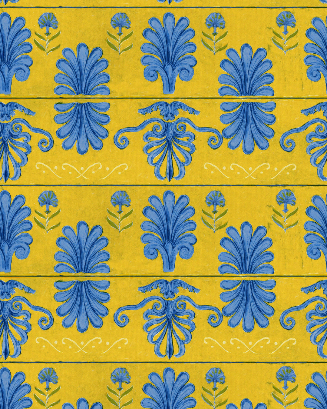 MYKONOS VILLA MOTIF Lemon Wallpaper (WP30044) by Mind The Gap | WP30044 | SUNDANCE VILLA | 1 roll x 52x1000 cm / 20.5x393.7 in | 0.52m / 20.5in | 10m / 393.7in | 5.20sqm / 55.9sq ft | 56.5cm / 22.2in | Blue, Yellow | Non-woven Satin | Paste the wall | 1-roll in a box | Fabric Carolina | https://www.fabriccarolina.com/