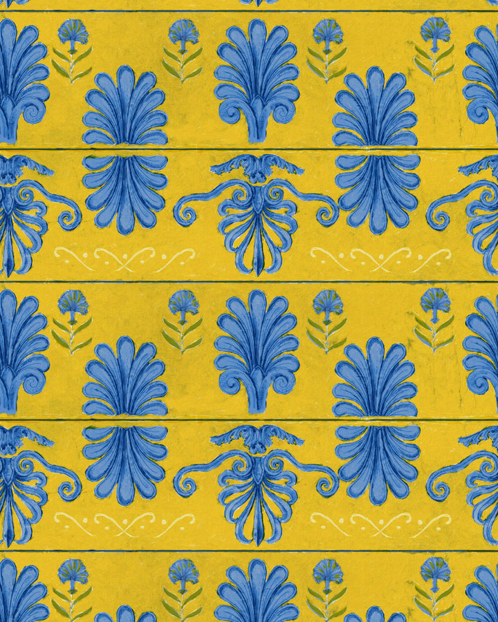 MYKONOS VILLA MOTIF Lemon Wallpaper (WP30044) by Mind The Gap | WP30044 | SUNDANCE VILLA | 1 roll x 52x1000 cm / 20.5x393.7 in | 0.52m / 20.5in | 10m / 393.7in | 5.20sqm / 55.9sq ft | 56.5cm / 22.2in | Blue, Yellow | Non-woven Satin | Paste the wall | 1-roll in a box | Fabric Carolina | https://www.fabriccarolina.com/