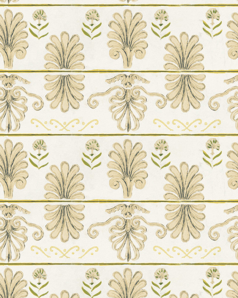 Mykonos Villa Motif Taupe Wallpaper by Mind the Gap Designer Wallpaper SUNDANCE VILLA Satin Matte Made in Europe Paste the wall 1 roll x 20.5 x 10.9 yards - Swanky Fabrics -