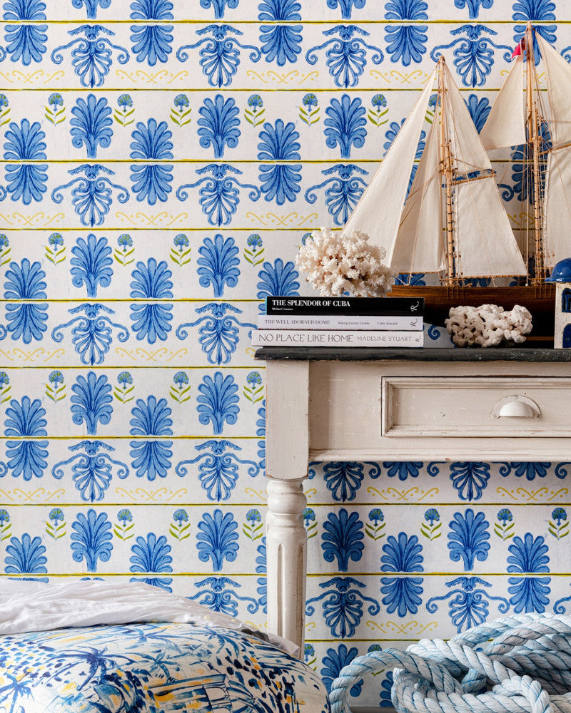 Mykonos Villa Motif White Sand Wallpaper by Mind the Gap Designer Wallpaper SUNDANCE VILLA Satin Matte Made in Europe Paste the wall 1 roll x 20.5 x 10.9 yards - Swanky Fabrics -