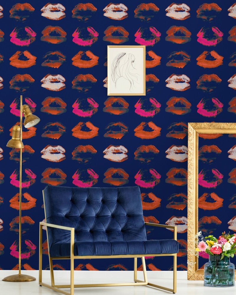 Mind The Gap Wallpaper NEON KISS Indigo Wallpaper (WP20380) | WP20380 | THE WALLPAPER COLLECTABLES | 3 rolls x 20.5 x 118.1 in | 0.52m / 20.5in | 3m / 118in | 4.65mp | 60cm / 23.6in | Blue, Pink, Red | Satin Matte | Paste the wall | 3-rolls in a box | Fabric Carolina | https://www.fabriccarolina.com/