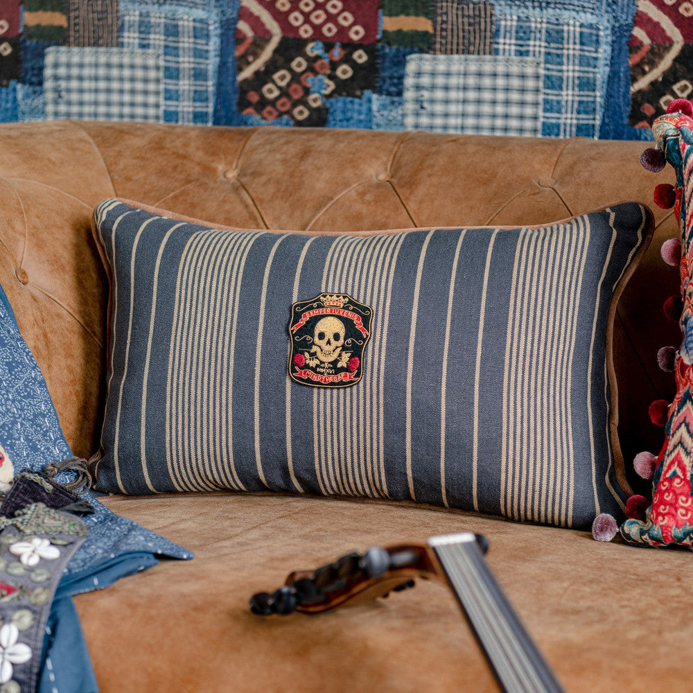 Newport Stripes Cushion by Mind the Gap Designer Pillow WOODSTOCK '69 LIFESTYLE COLLECTION 100% Linen, printed and stonewashed Made in Romania Leather piped edge 23,6 x 15,8 in - Swanky Fabrics -