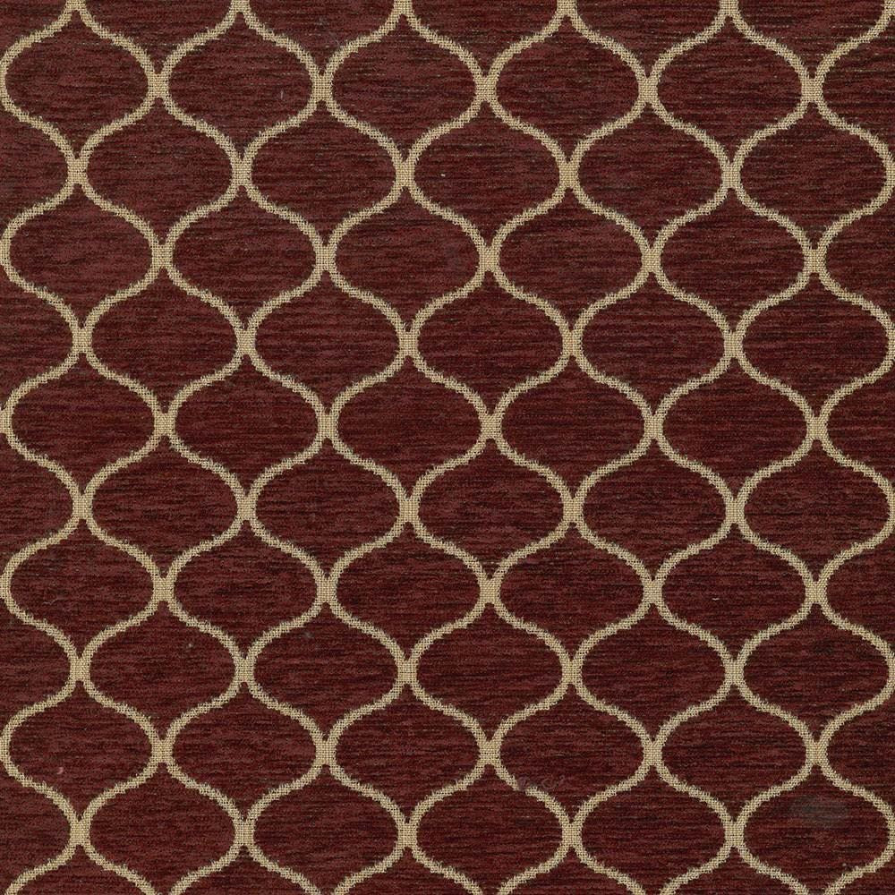 Ogee Trellis Crimson by Kasmir Designer Fabric See sample 100% Polyester
 CHINA 25,000 Wyzenbeek Double Rubs </p><p>Repeat: Horizontal: 1 6/8 inches and Vertical: 1 6/8 inches 56 - Swanky Fabrics -