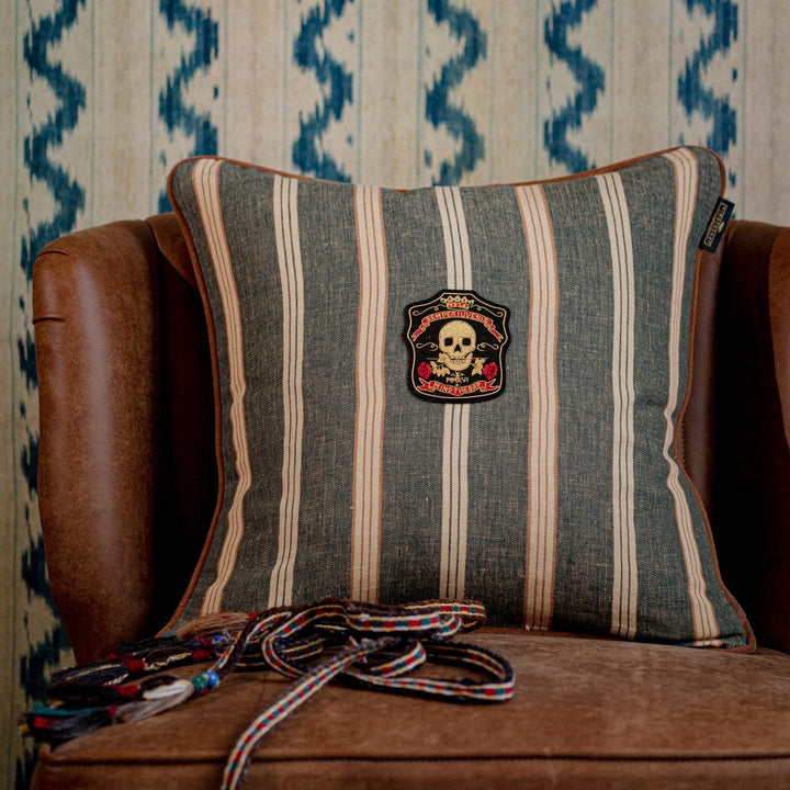 Oregon Stripes Denim Washed Cushion by Mind the Gap Designer Pillow WOODSTOCK '69 LIFESTYLE COLLECTION 100% Linen, printed and stonewashed Made in Romania Leather piped edge 20 x 20 in - Swanky Fabrics -