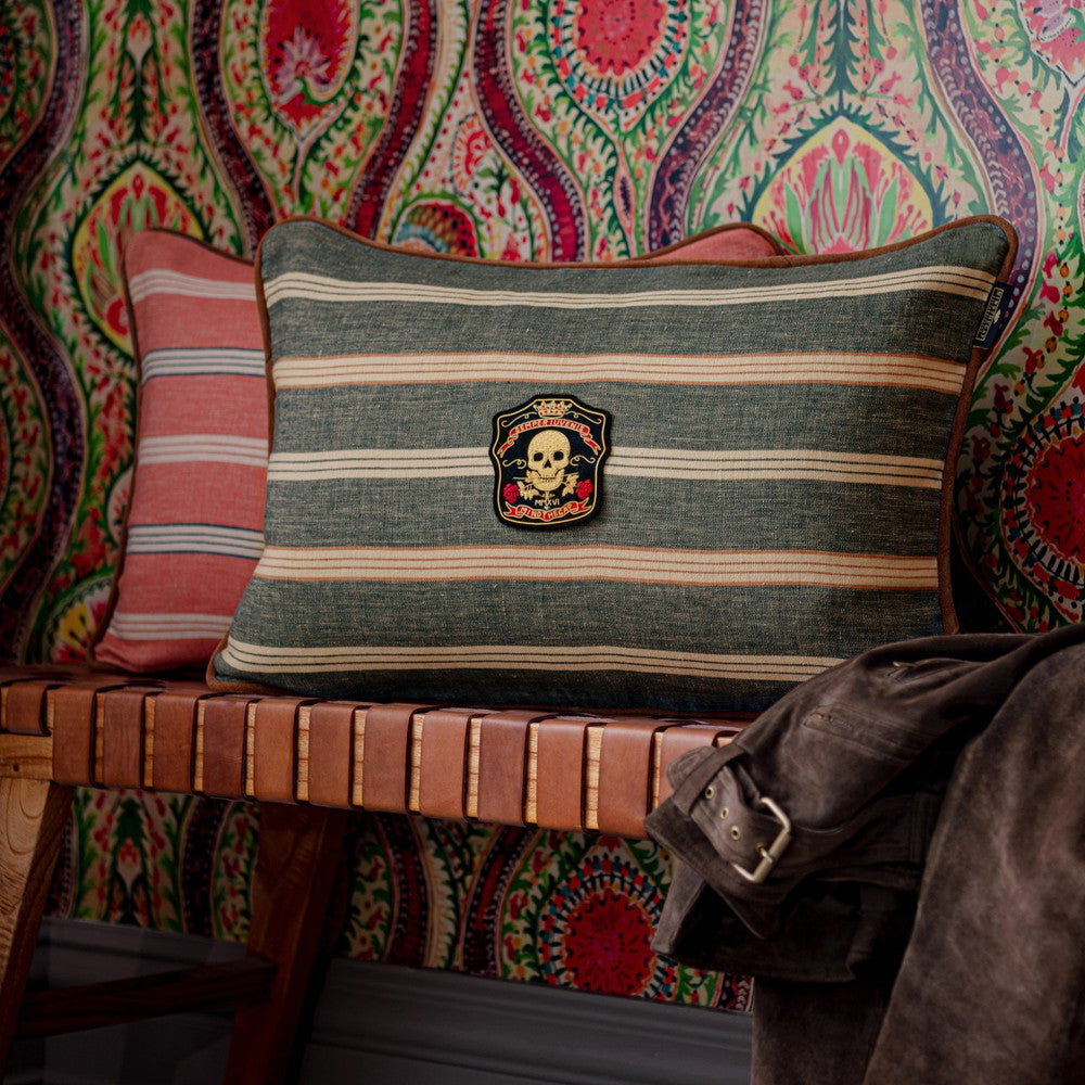 Mind The Gap Pillows OREGON STRIPES Denim Washed Cushion (LC40157) | LC40157 | WOODSTOCK '69 LIFESTYLE COLLECTION | 23,6 x 15,8 in | Grey, Red | Fabric Carolina | https://www.fabriccarolina.com/