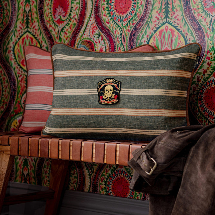 Mind The Gap Pillows OREGON STRIPES Denim Washed Cushion (LC40157) | LC40157 | WOODSTOCK '69 LIFESTYLE COLLECTION | 23,6 x 15,8 in | Grey, Red | Fabric Carolina | https://www.fabriccarolina.com/