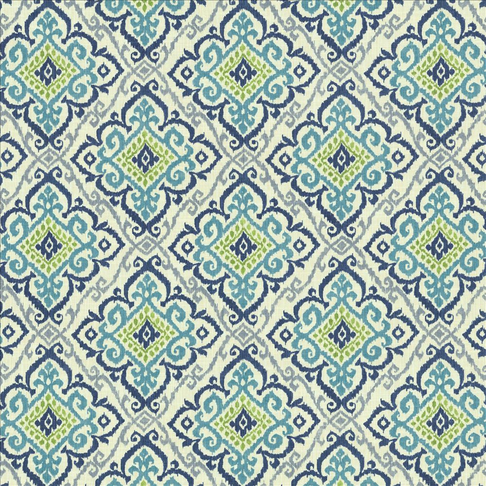 Oswego Capri Blue by Kasmir Designer Fabric 1453 75% Cotton
25% Linen
 PAKISTAN 20,000 Wyzenbeek Double Rubs </p><p>Repeat: Horizontal: 13 4/8 inches and Vertical: 25 inches 55 - Swanky Fabrics -