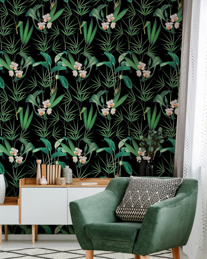Mind The Gap Wallpaper PALM SPRINGS Anthracite (WP20360) | WP20360 | THE WALLPAPER COLLECTABLES | 3 rolls x 20.5 x 118.1 in | 0.52m / 20.5in | 3m / 118in | 4.65mp | 70cm / 27.6in | Black, Green, White | Satin Matte | Paste the wall | 3-rolls in a box | Fabric Carolina | https://www.fabriccarolina.com/