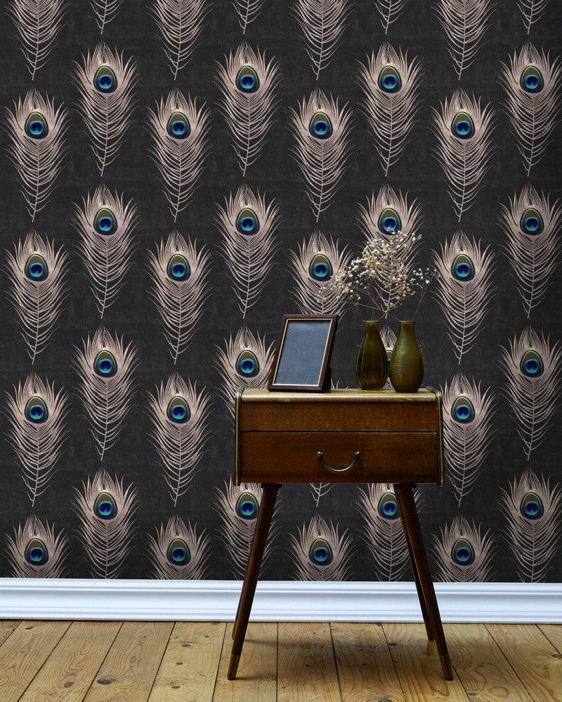 Mind The Gap Wallpaper PEACOCK Wallpaper (WP20230) | WP20230 | PREMIUM DESIGNER WALLPAPER COLLECTION | 3 rolls x 20.5 x 118.1 in | 0.52m / 20.5in | 3m / 118in | 4.65mp | 52cm / 20.5in | Black, Blue, Copper, Green | Non-woven | Paste the wall | 3-rolls in a box | Fabric Carolina | https://www.fabriccarolina.com/