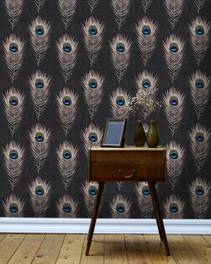 Mind The Gap Wallpaper PEACOCK Wallpaper (WP20230) | WP20230 | PREMIUM DESIGNER WALLPAPER COLLECTION | 3 rolls x 20.5 x 118.1 in | 0.52m / 20.5in | 3m / 118in | 4.65mp | 52cm / 20.5in | Black, Blue, Copper, Green | Non-woven | Paste the wall | 3-rolls in a box | Fabric Carolina | https://www.fabriccarolina.com/