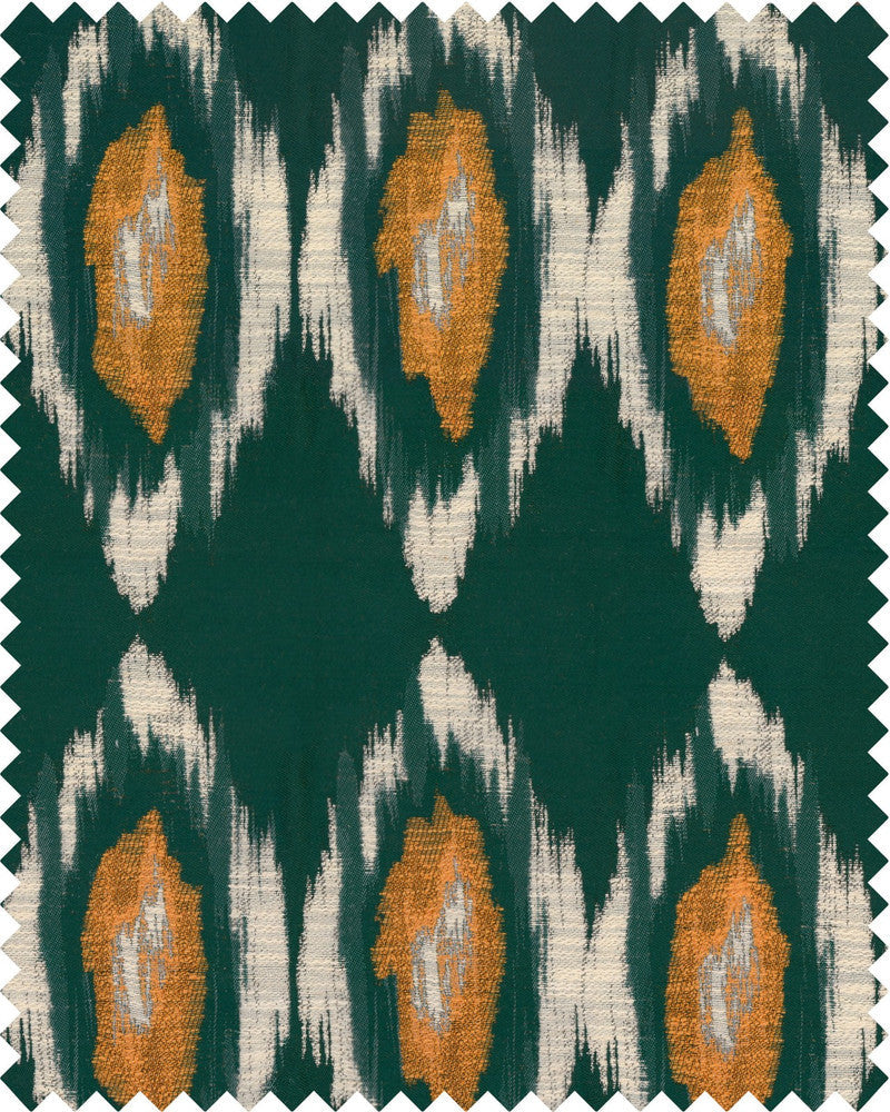 Mind The Gap Fabric PRADESH IKAT Woven Fabric (FB00084) | FB00084 | WOODSTOCK '69 LIFESTYLE COLLECTION | Green, Ivory, Orange | Fabric Carolina | https://www.fabriccarolina.com/