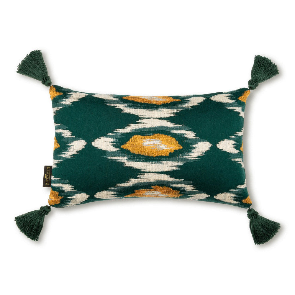 Pradesh Ikat Cushion by Mind the Gap Designer Pillow WOODSTOCK '69 LIFESTYLE COLLECTION 58% Cotton, 19% Viscose, 17% Polyamide, 6% Linen Made in Romania Green tassels 20 x 12 in - Swanky Fabrics -