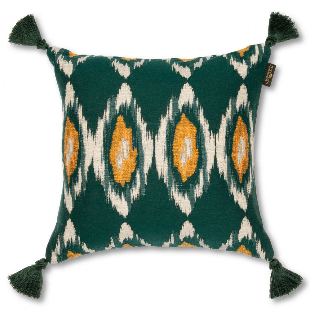 Pradesh Ikat Cushion by Mind the Gap Designer Pillow WOODSTOCK '69 LIFESTYLE COLLECTION 58% Cotton, 19% Viscose, 17% Polyamide, 6% Linen Made in Romania Green tassels 20 x 20 in - Swanky Fabrics -