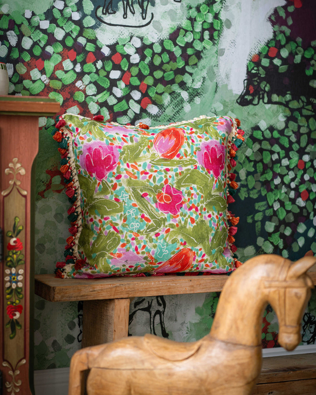 PRINCESS GARDEN cushion (LC40270) by Mind The Gap | LC40270 | TRANSYLVANIAN RHAPSODY | 50 x 50 cm / 20 x 20 in | Taupe, Green, Pink | Fringes all around | Duck feather | 100% Linen | Fabric Carolina | https://www.fabriccarolina.com/