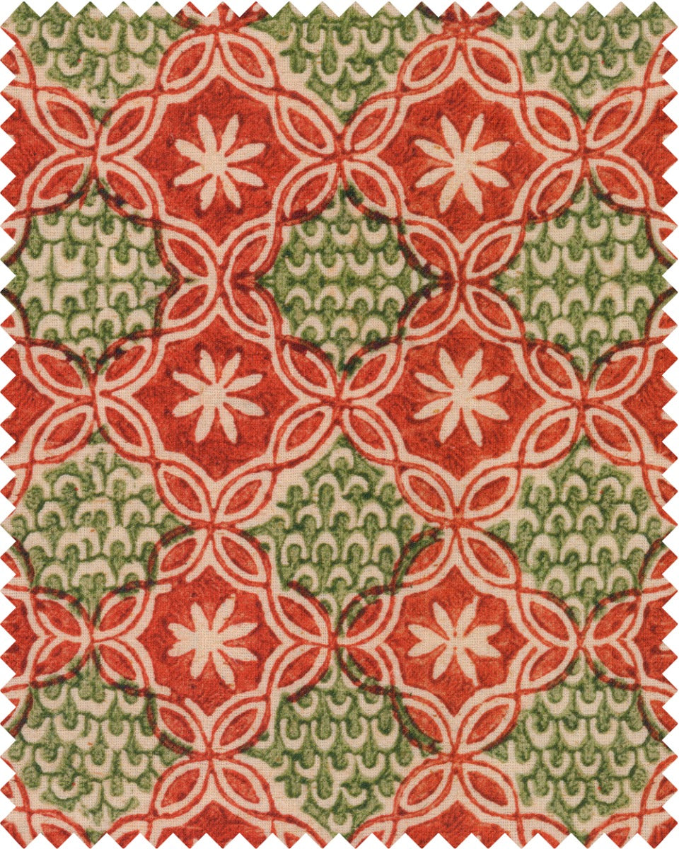 RASIYA Linen (FB00074) by Mind The Gap | FB00074 | WOODSTOCK '69 | Taupe, Green, Red | Metre | 140cm(± 5%) x 100cm / 55.1in(± 5%) (bw) x 39.4in | W 34.5cm x L 33cm / W 13.5in x L 12.9in | Stonewashed | 100% Linen, printed and stonewashed | Fabric Carolina | https://www.fabriccarolina.com/