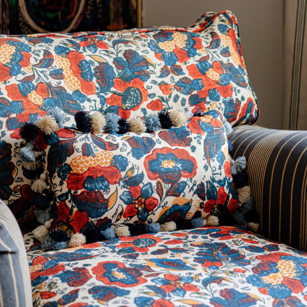 Remondini Floral Cushion by Mind the Gap Designer Pillow WOODSTOCK '69 LIFESTYLE COLLECTION 100% Linen, printed and stonewashed Made in Romania Tassels all around 20 x 12 in - Swanky Fabrics -