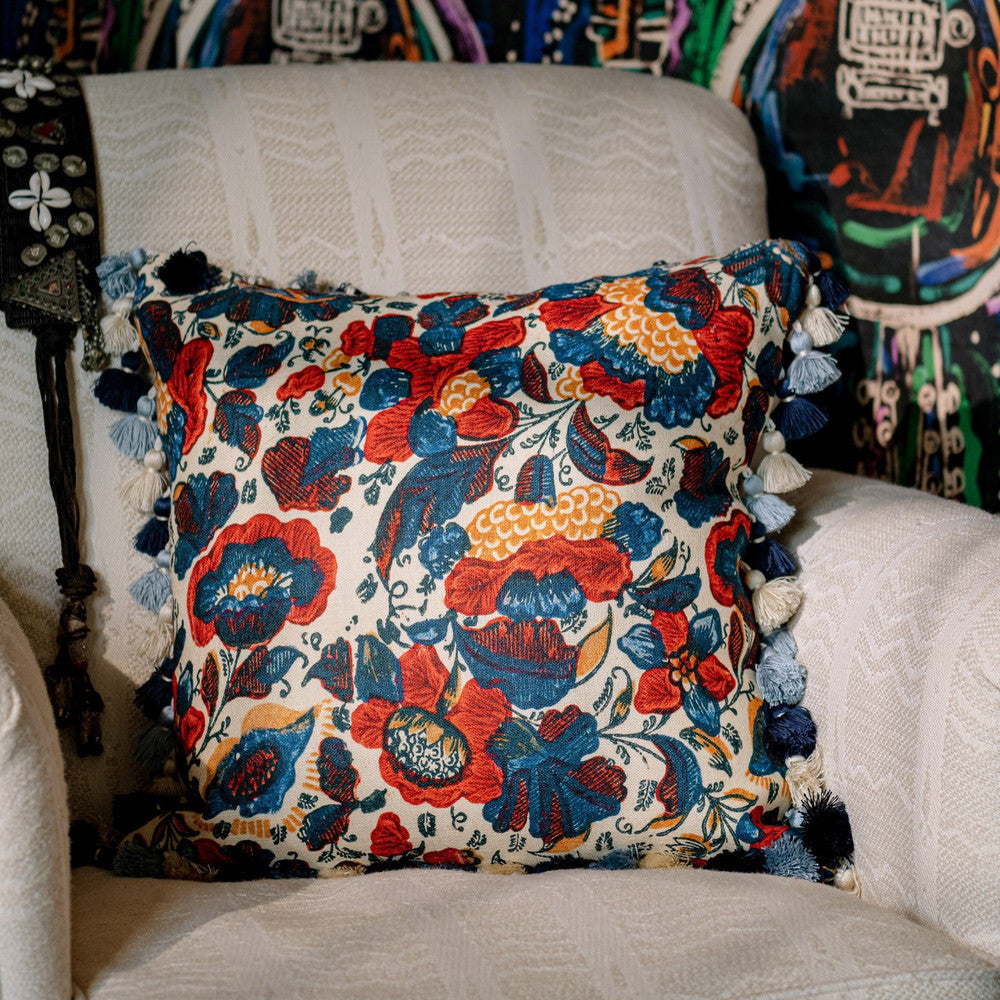Mind The Gap Pillows REMONDINI FLORAL Cushion (LC40143) | LC40143 | WOODSTOCK '69 LIFESTYLE COLLECTION | 20 x 20 in | Blue, Red, Taupe, Yellow | Fabric Carolina | https://www.fabriccarolina.com/