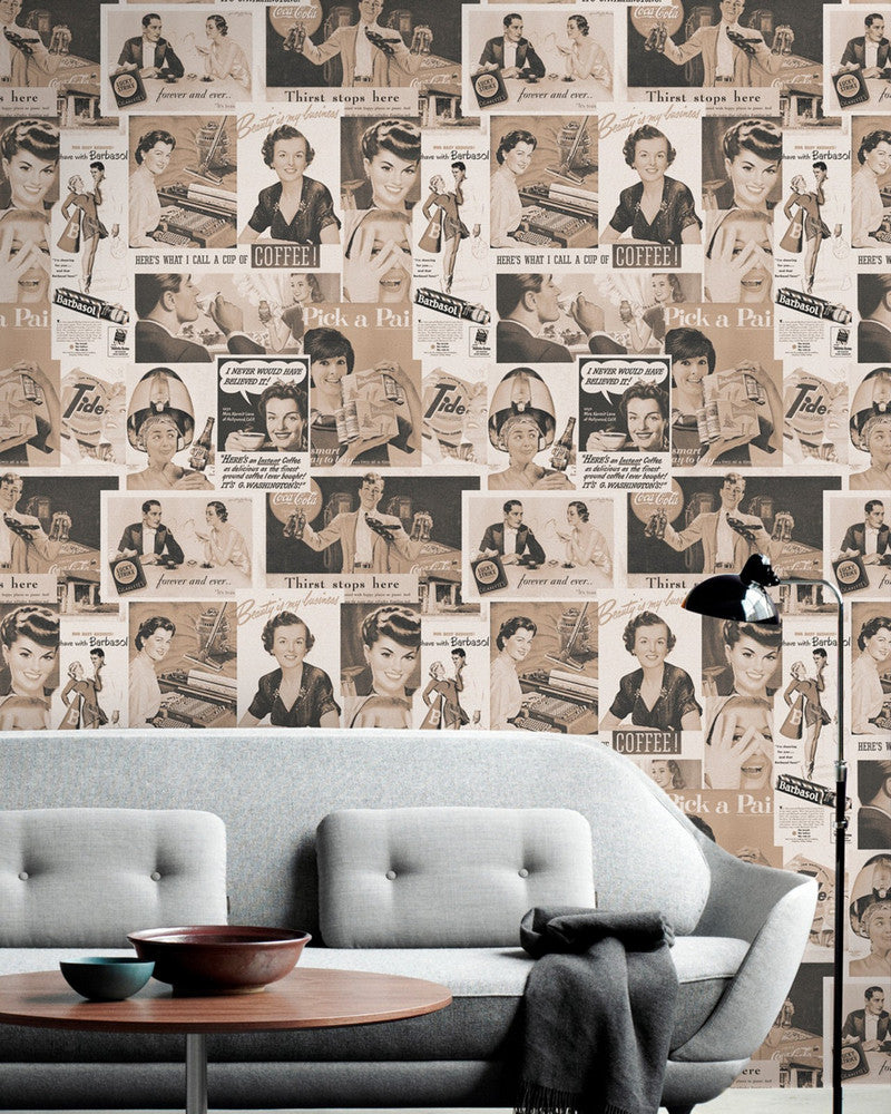 Mind The Gap Wallpaper RETRO ADS SEPIA Premium Wallpaper (WP20070) | WP20070 | WALLPAPER DESIGNER COLLECTION | 3 rolls x 20.5 x 118.1 in | 0.52m / 20.5in | 3m / 118in | 4.65mp | 70cm / 27.6in | Sepia | Non-woven | Paste the wall | 3-rolls in a box | Fabric Carolina | https://www.fabriccarolina.com/