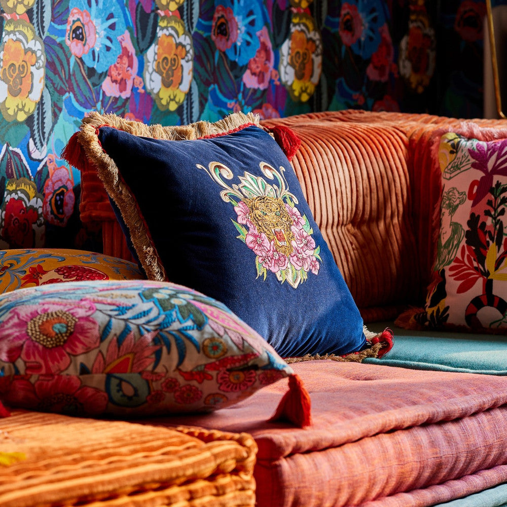 Mind The Gap Pillows ROARRR Embroidered Velvet Cushion (LC40212) | LC40212 | LA DOLCE VITA | 20 x 20 in | Blue, Cream, Green, Pink, Red, White | Fabric Carolina | https://www.fabriccarolina.com/