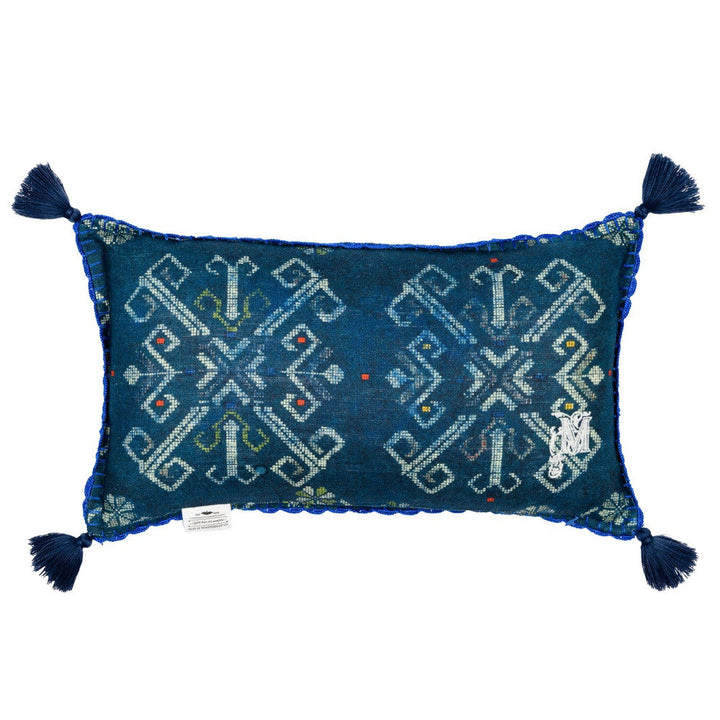 Roots Linen Cushion by Mind the Gap Designer Pillow TRANSYLVANIAN ROOTS 100% Linen Made in Romania Blue tassels 20 x 12 in - Swanky Fabrics -