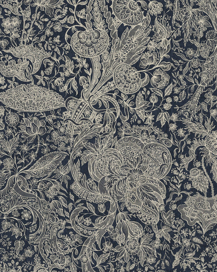 Sarkozi Embroidery Indigo Wallpaper by Mind the Gap Designer Wallpaper TRANSYLVANIAN ROOTS Satin Matte Made in Europe Paste the wall 1 roll x 20.5 x 10.9 yards - Swanky Fabrics -
