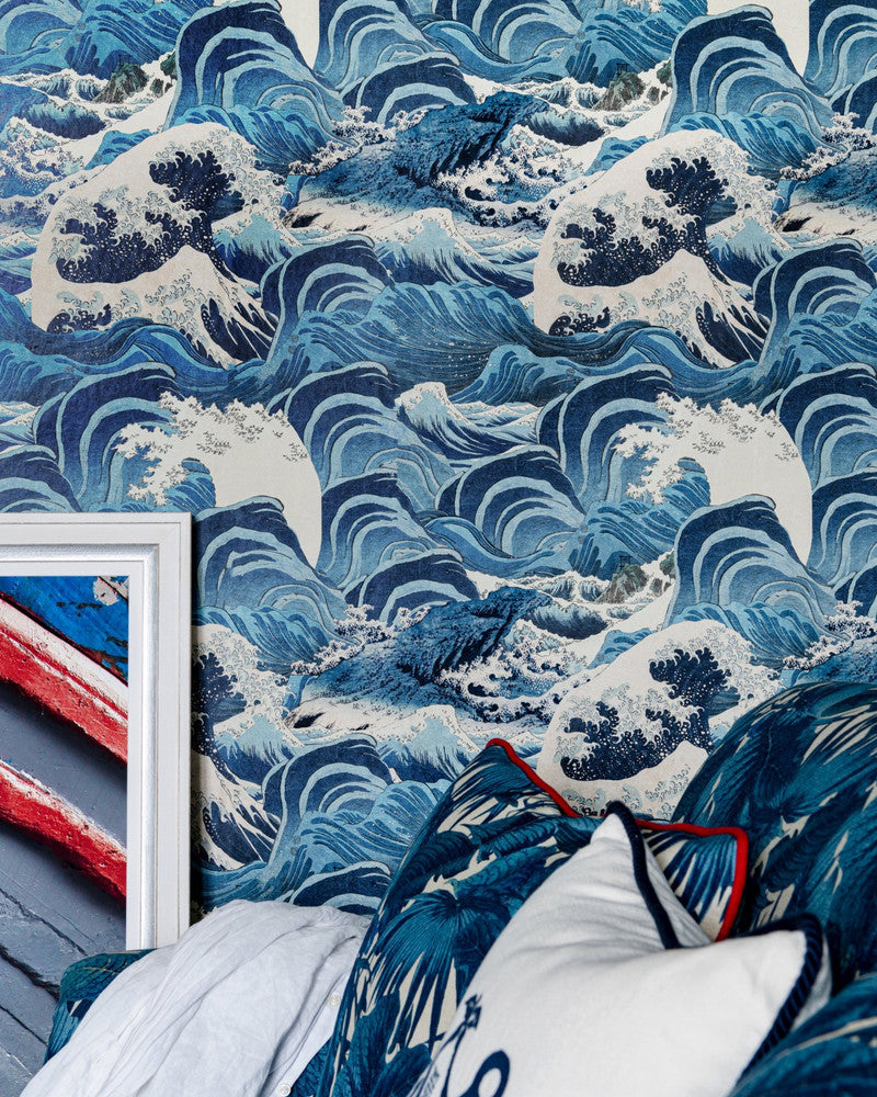 Sea Waves Light Blue Wallpaper by Mind the Gap Designer Wallpaper SUNDANCE VILLA Satin Matte Made in Europe Paste the wall 1 roll x 20.5 x 10.9 yards - Swanky Fabrics -