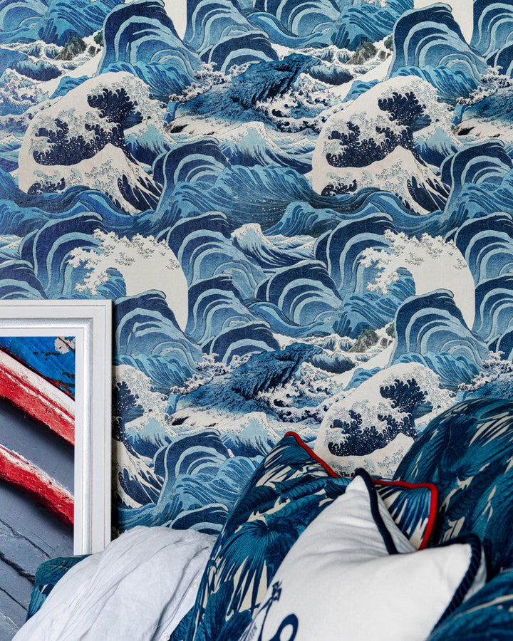 Mind The Gap Wallpaper SEA WAVES Light Blue Wallpaper (WP30060) | WP30060 | SUNDANCE VILLA | 1 roll x 20.5 x 393.7 in | 0.52m / 20.5in | 10m / 393.7in | 5.20mp | 52cm / 20.5in | Indigo, Light Blue, White | Satin Matte | Paste the wall | 1-roll in a box | Fabric Carolina | https://www.fabriccarolina.com/