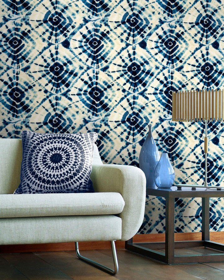 Mind The Gap Wallpaper SHIBORI SWIRLS (WP20205) | WP20205 | PREMIUM DESIGNER WALLPAPER COLLECTION | 3 rolls x 20.5 x 118.1 in | 0.52m / 20.5in | 3m / 118in | 4.65mp | 65cm / 25.6in | Blue, White | Non-woven | Paste the wall | 3-rolls in a box | Fabric Carolina | https://www.fabriccarolina.com/