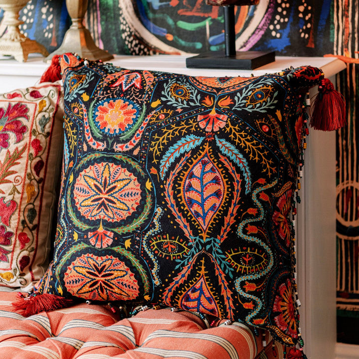 Soul Sacrifice Cushion by Mind the Gap Designer Pillow WOODSTOCK '69 LIFESTYLE COLLECTION 51% Linen, 49% Cotton Made in Romania Red fringes 20 x 20 in - Swanky Fabrics -