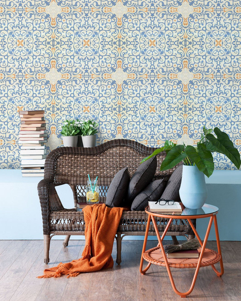 Mind The Gap Wallpaper SPANISH TILE Premium Wallpaper (WP20054) | WP20054 | WALLPAPER DESIGNER COLLECTION | 3 rolls x 20.5 x 118.1 in | 0.52m / 20.5in | 3m / 118in | 4.65mp | 52cm / 20.5in | Blue, Orange | Non-woven | Paste the wall | 3-rolls in a box | Fabric Carolina | https://www.fabriccarolina.com/