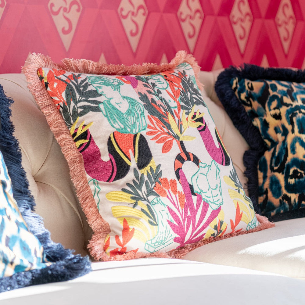 Statuario Embroidered Cushion by Mind the Gap Designer Pillow LA DOLCE VITA 77% Linen, 23% Cotton Made in Romania Embroidered fabric and fringes all around 20 x 20 in - Swanky Fabrics -