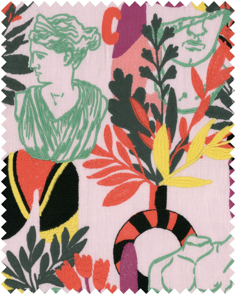 Statuario Pink Embroidered Fabric by Mind the Gap Designer Fabric LA DOLCE VITA 77% Linen, 23% Cotton Made in India W 33.5 x L 46.7 cm / W 13.2 x L 18.4in 52.75in - Swanky Fabrics -