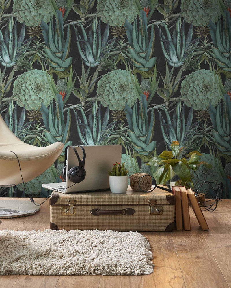 Mind The Gap Wallpaper SUCCULENTUS Anthracite Wallpaper (WP20167) | WP20167 | PREMIUM DESIGNER WALLPAPER COLLECTION | 3 rolls x 20.5 x 118.1 in | 0.52m / 20.5in | 3m / 118in | 4.65mp | 52cm / 20.5in | Anthracite, Green | Non-woven | Paste the wall | 3-rolls in a box | Fabric Carolina | https://www.fabriccarolina.com/
