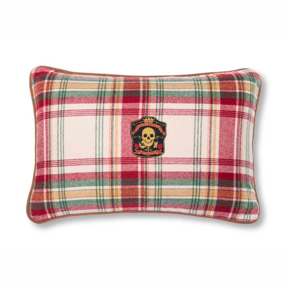 Sullivan Plaid Wool Cushion by Mind the Gap Designer Pillow WOODSTOCK '69 LIFESTYLE COLLECTION 70% Wool, 30% other fibres Made in Romania Leather piped edge 23,6 x 15,8 in - Swanky Fabrics -
