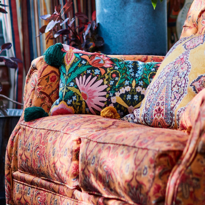 Susie Q Cushion by Mind the Gap Designer Pillow WOODSTOCK '69 LIFESTYLE COLLECTION 100% Linen, printed and stonewashed Made in Romania Green tassels 20 x 12 in - Swanky Fabrics -