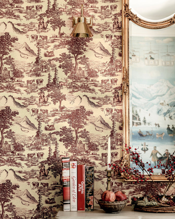 TOILE DU TYROL Burgundy Wallpaper (WP30147) by Mind The Gap | WP30147 | TYROL APRES-SKI | 1 roll x 52x1000 cm / 20.5x393.7 in | 0.52m / 20.5in | 10m / 393.7in | 5.20sqm / 55.9sq ft | 52cm / 20.5in | Taupe, Brown | Non-woven Satin | Paste the wall | 1-roll in a box | Fabric Carolina | https://www.fabriccarolina.com/
