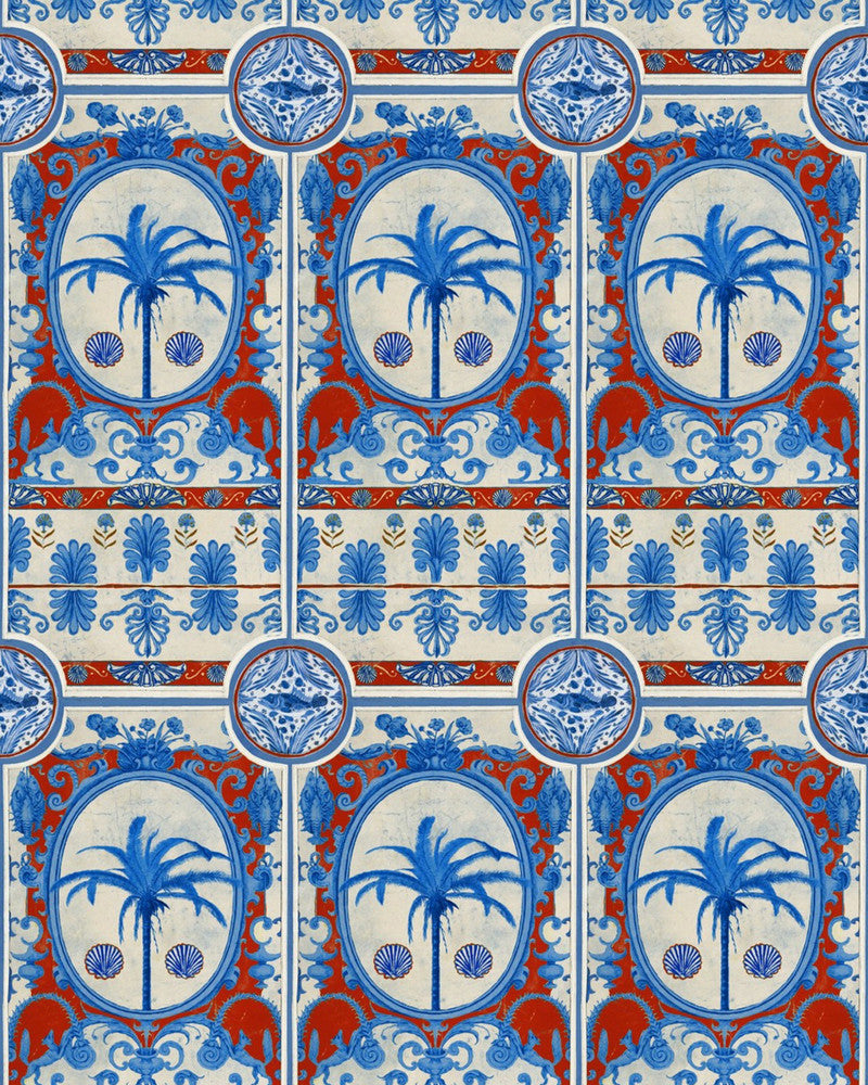 Mind The Gap Wallpaper THE VILLA Mural Red Wallpaper (WP20576) | WP20576 | SUNDANCE VILLA | 3 rolls x 20.5 x 118.1 in | 0.52m / 20.5in | 3m / 118in | 4.65mp | 110cm / 43.3in | Blue, Red, Taupe | Textured Matte | Paste the wall | 3-rolls in a box | Fabric Carolina | https://www.fabriccarolina.com/