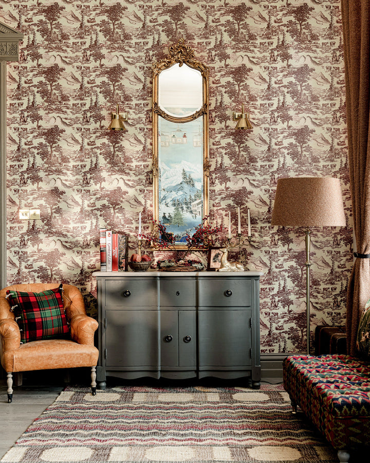 TOILE DU TYROL Burgundy Wallpaper (WP30147) by Mind The Gap | WP30147 | TYROL APRES-SKI | 1 roll x 52x1000 cm / 20.5x393.7 in | 0.52m / 20.5in | 10m / 393.7in | 5.20sqm / 55.9sq ft | 52cm / 20.5in | Taupe, Brown | Non-woven Satin | Paste the wall | 1-roll in a box | Fabric Carolina | https://www.fabriccarolina.com/