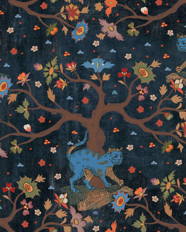TREE OF LIFE Anthracite Wallpaper (WP20936) by Mind The Gap | WP20936 | TRANSYLVANIAN RHAPSODY | 1 roll x 52 x 900 cm / 20.47 x 354.33 in | 0.52m / 20.5in | 9m / 354in | 4.68sqm / 50sq ft | L52cm / L20.5in | Blue, Anthracite, Brown | Non-woven Textured | Paste the wall | 1 roll in a box | Fabric Carolina | https://www.fabriccarolina.com/