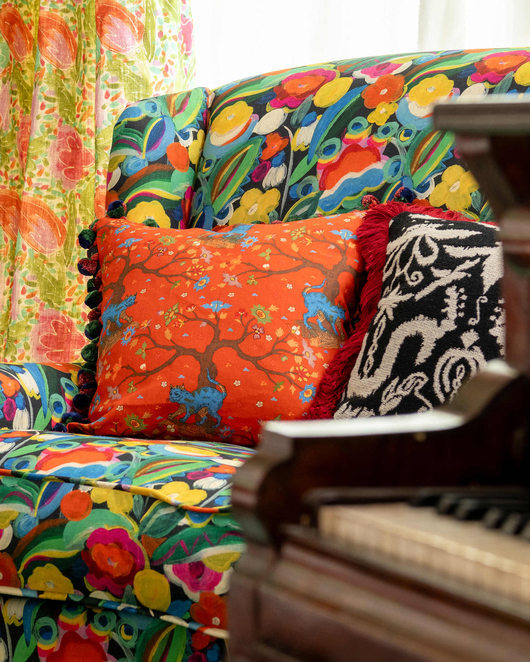 TREE OF LIFE Coral cushion (LC40288) by Mind The Gap | LC40288 | TRANSYLVANIAN RHAPSODY | 50 x 50 cm / 20 x 20 in | Blue, Red, Brown | Fringes all around | Duck feather | 100% Linen | Fabric Carolina | https://www.fabriccarolina.com/