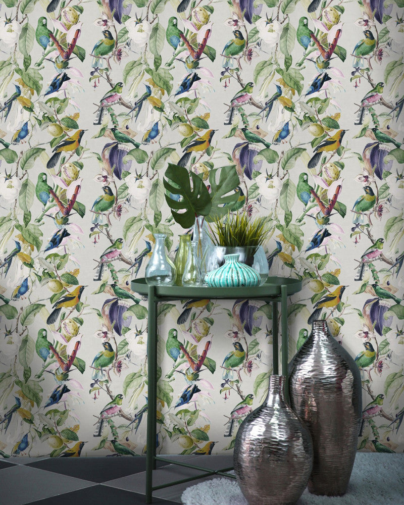Mind The Gap Wallpaper TROPICAL BIRDS Wallpaper (WP20172) | WP20172 | PREMIUM DESIGNER WALLPAPER COLLECTION | 3 rolls x 20.5 x 118.1 in | 0.52m / 20.5in | 3m / 118in | 4.65mp | 62cm / 24.4in | Blue, Green, Taupe, White | Non-woven | Paste the wall | 3-rolls in a box | Fabric Carolina | https://www.fabriccarolina.com/