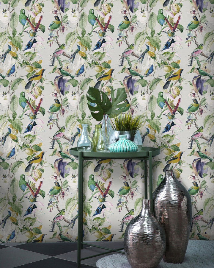 Mind The Gap Wallpaper TROPICAL BIRDS Wallpaper (WP20172) | WP20172 | PREMIUM DESIGNER WALLPAPER COLLECTION | 3 rolls x 20.5 x 118.1 in | 0.52m / 20.5in | 3m / 118in | 4.65mp | 62cm / 24.4in | Blue, Green, Taupe, White | Non-woven | Paste the wall | 3-rolls in a box | Fabric Carolina | https://www.fabriccarolina.com/