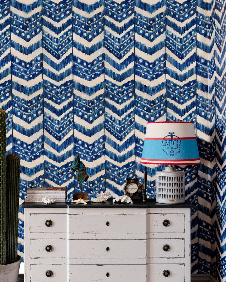 Turkish Ikat Indigo Wallpaper by Mind the Gap Designer Wallpaper SUNDANCE VILLA Satin Matte Made in Europe Paste the wall 1 roll x 20.5 x 10.9 yards - Swanky Fabrics -