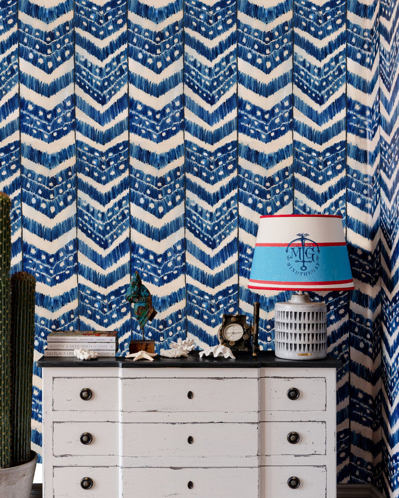 Mind The Gap Wallpaper TURKISH IKAT Indigo Wallpaper (WP30059) | WP30059 | SUNDANCE VILLA | 1 roll x 20.5 x 393.7 in | 0.52m / 20.5in | 10m / 393.7in | 5.20mp | 70cm / 27.6in | Indigo, Taupe | Satin Matte | Paste the wall | 1-roll in a box | Fabric Carolina | https://www.fabriccarolina.com/